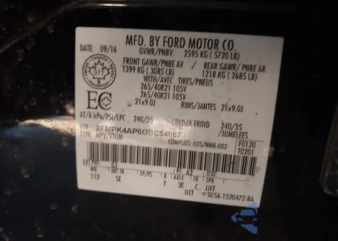 2016 Ford Edge Sport z USA, uszkodzony, nr VIN 2FMPK4AP6GBC54067